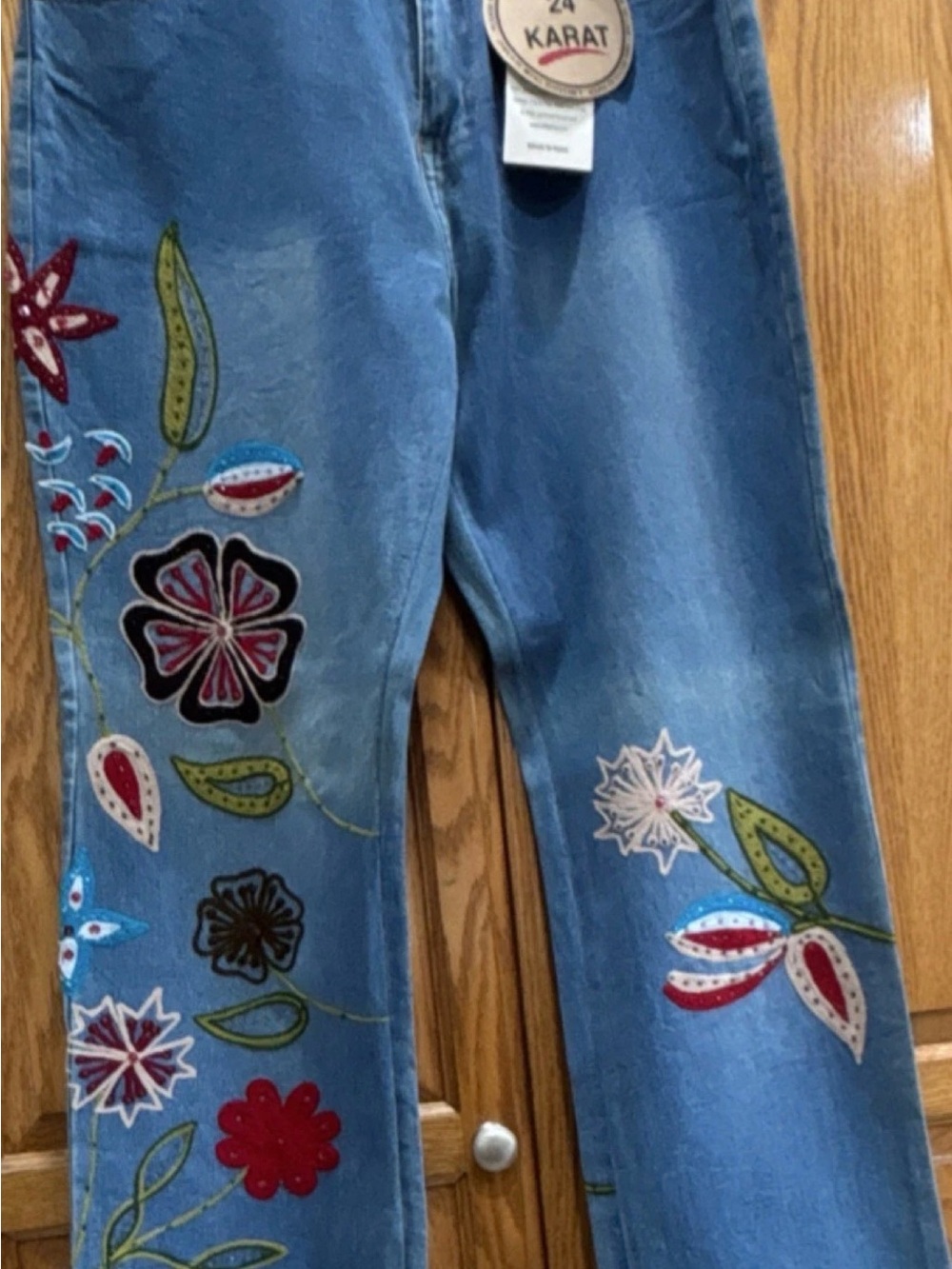 24 Karat Designer Women’s Straight Leg Embroidered Jeans - Light Blue size 12